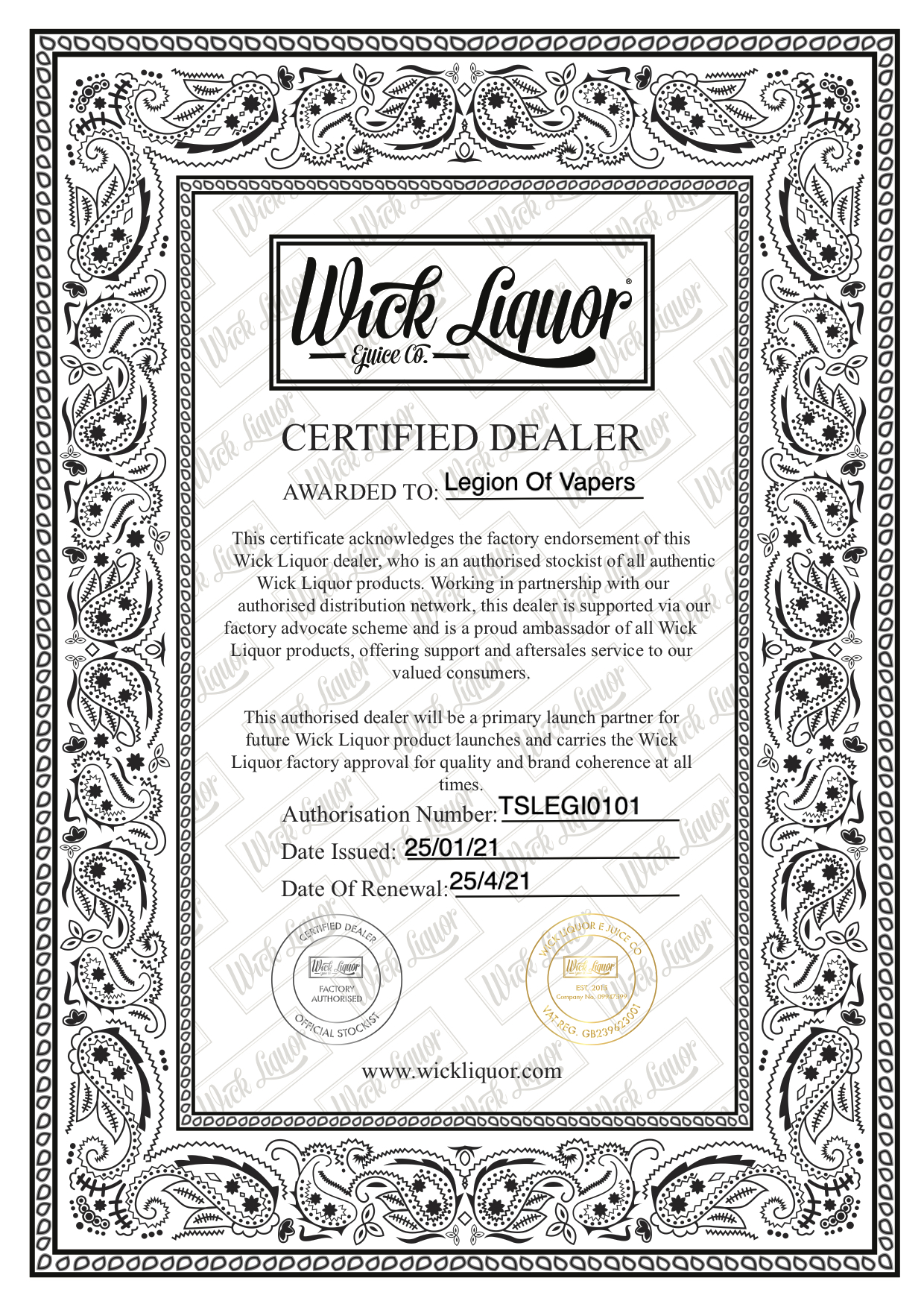 Wick Liquor Authentic Certificate Legion of Vapers