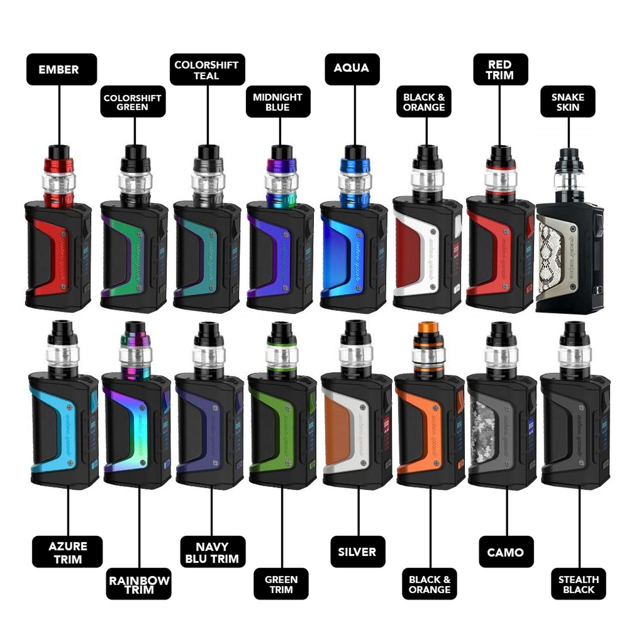 Geekvape Aegis Legend Kit - Image displays each colour option. Colours are: Ember, Colorshift Green, Colorshift Teal, Midnight Blue, Aqua, Black & Orange, Red Trim, Snakeskin, Azure Trim, Rainbow Trim, Navy Blue Trim, Green Trim, Silver, Black & Orange, Camo, Stealth Black