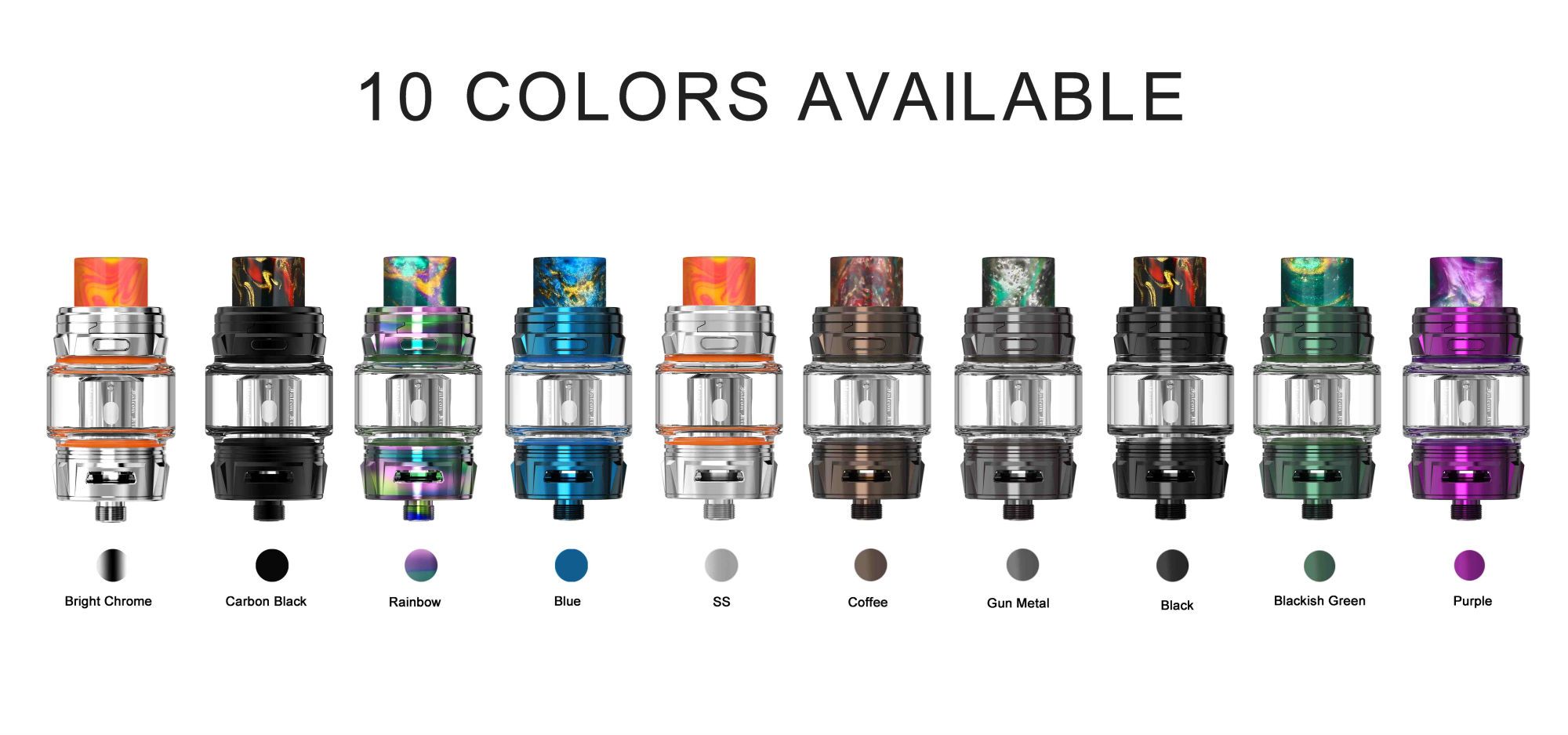 Ten Horizontech Falcon King Tanks lined up next to each other in different colours. Text reads "10 colours available. Bright Chrome, Carbon Black, Rainbow, Blue, SS, Coffee, Gunmetal, Black, Blackish Green, Purple".