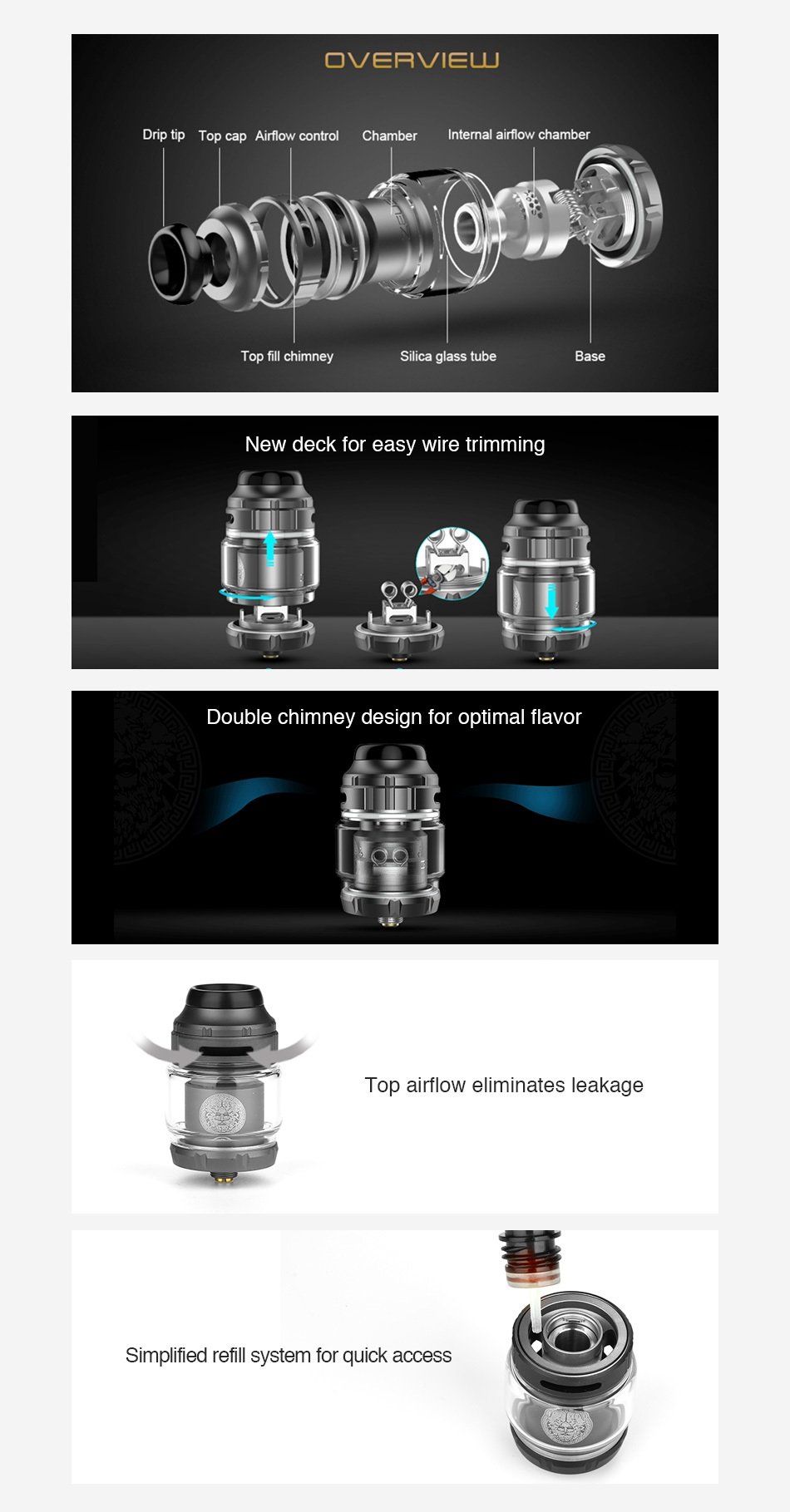 Geekvape Zeus X RTA product image highlighting the different features of the tank. Image is divided into 5 separate images. Image 1 displays the tank deconstructed to show its different parts. Text reads: Overview, drip tip, top cap, airflow control, top fill chimney, chamber, silica glass tube, internal airflow chamber, base. Image 2 also shows the atomise separated. Text reads: New deck for easy wire trimming. Image 3 displays the tank put together. Text reads: Double chimney design for optimal flavour. Image 4 displays the tank with two arrows to illustrate the way air can flow into your vape. Text reads: Top airflow eliminates leakage. Image 5 displays the tank being filled by e-liquid. Text reads: Simplified refill system for quick access.