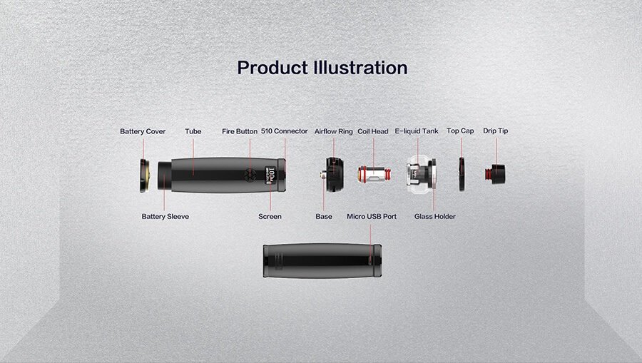 Image Description: Uwell Nunchaku 2 Kit deconstructed. Image Text: Product Illustration: Battery Cover, Battery Sleeve, Tube, Fire Button, Screen, 510 Connector, Base, Airflow Ring, Coil Head, E-liquid Tank, Glass Holder, Top Cap, Drip Tip, Micro USB Port