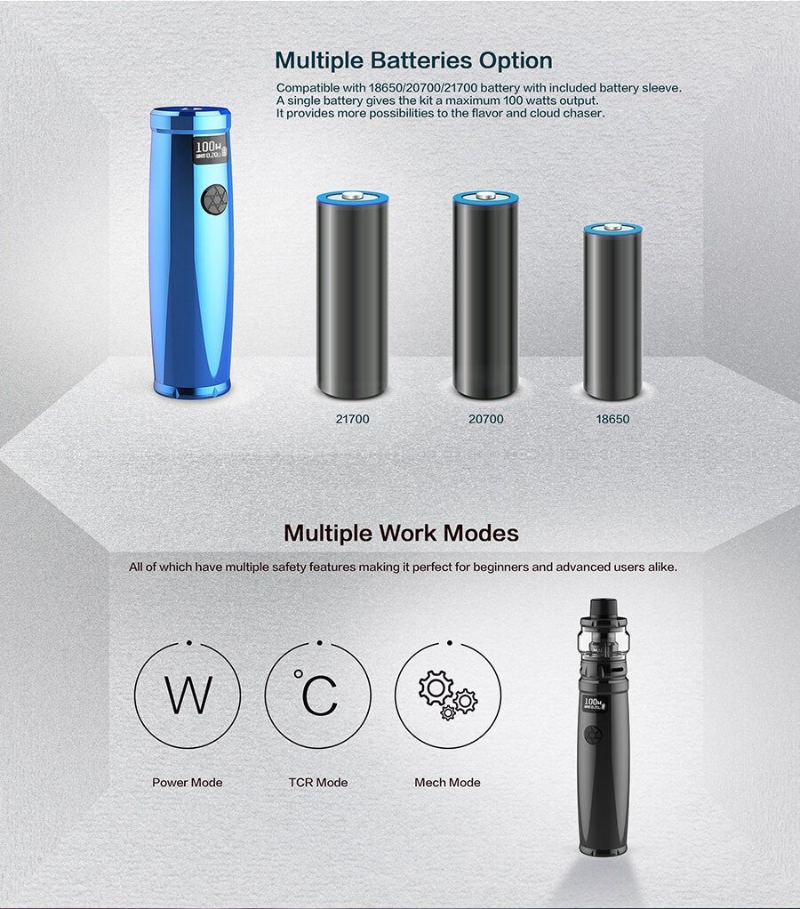 Image Description: Uwell Nunchaku 2 deconstructed to display different battery sizes available. Image Text: Multiple Batteries Option: Compatible with 18650/20700/21700 battery with included battery sleeve, a single battery gives the kit a maximum 100 watts output. It provides more possibilities to the flavour and cloud chaser. Multiple Work Modes: All of which have multiple safety features making it perfect for beginners and advanced users alike. Power Mode, TCR Mode, Mech Mode 