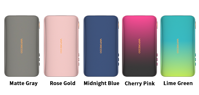 Five Vaporesso Gen S Mods lined up next to each other in Matte Gray, Rose Gold, Midnight blue, Cherry Pink and Lime Green 
