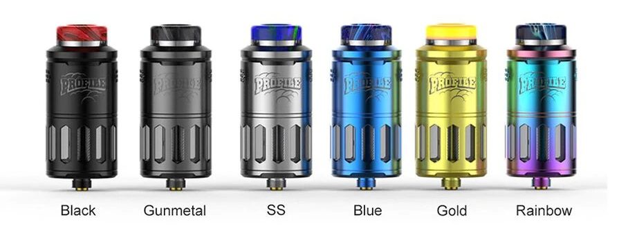 Six Wotofo Profile RDTAs lined up next to each other in different colours including Black, Gunmetal, SS, Blue, Gold and Rainbow.