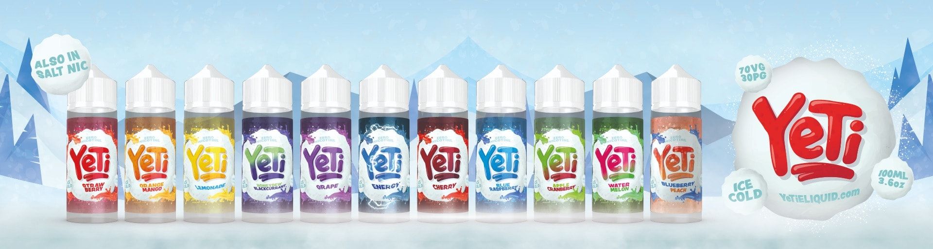 Yeti Ice Cold E Liquid Banner. Image displays numerous flavours, which are: Strawberry, Orange Mango, Lemonade, Honeydew Blackcurrant, Grape, Energy, Cherry, Blue Raspberry, Apple Cranberry, Watermelon, Blueberry Peach. Text reads: Yeti Ice Cold 70VG 30Pg 100ml 3.6oz. 
