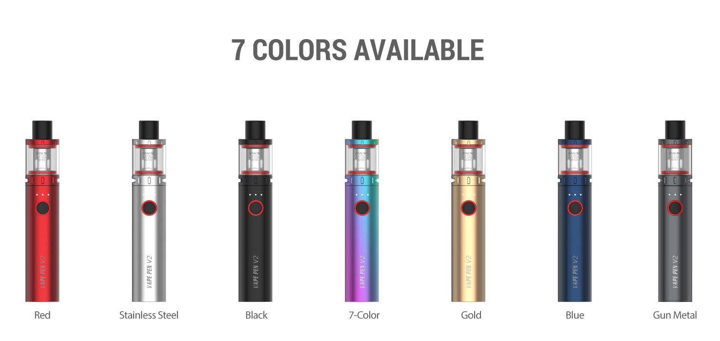 Seven Smok Vape Pen V2 Kit lined up next to each other in different colours