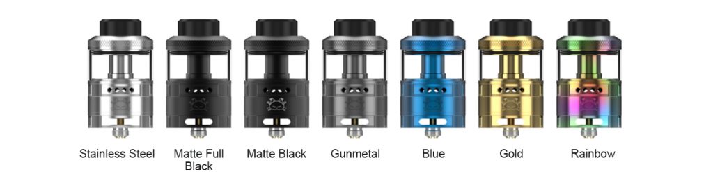 Seven Fat Rabbit RTAs lined up next to each other in different available colours including Stainless Steel, Matte Full Black, Matte Black, Gunmetal, Blue, Gold and Rainbow. 