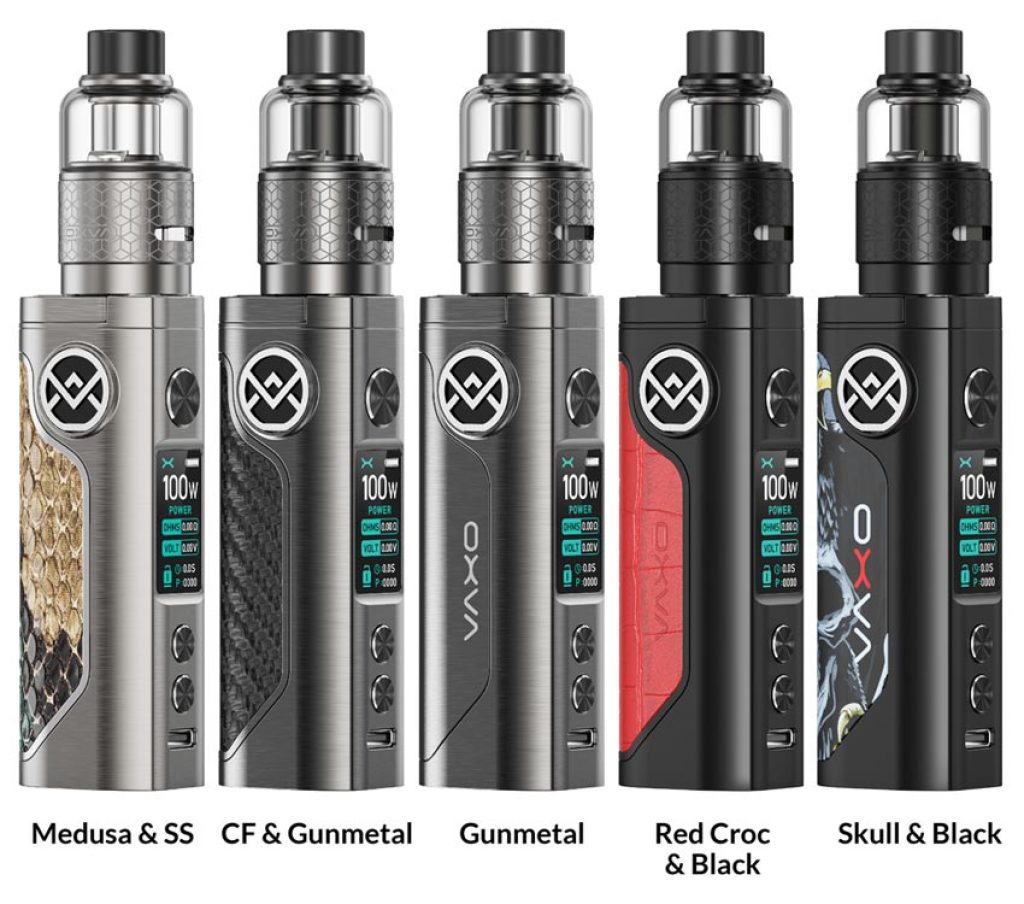 Six OXVA Vativ 100W Mod Kits placed next to each other in a line in different colours including Medusa & SS, CF & Gunmetal, Gunmetal, Red Croc & Black and Skull & Black.