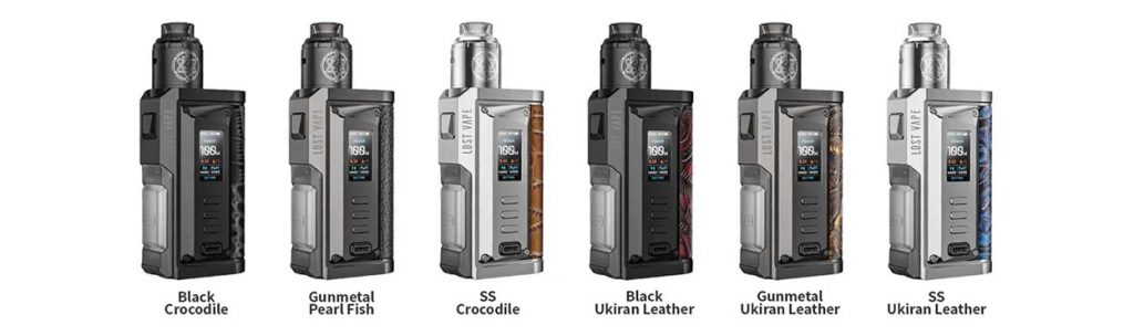 Six Lost Vape Squonk Kits lined up next to either other in different colours including Black Crocodile, Gunmetal Pearl Fish, SS Crocodile, Black Ukiran Leather, SS Ukiran Leather and SS Ukirian Leather. 