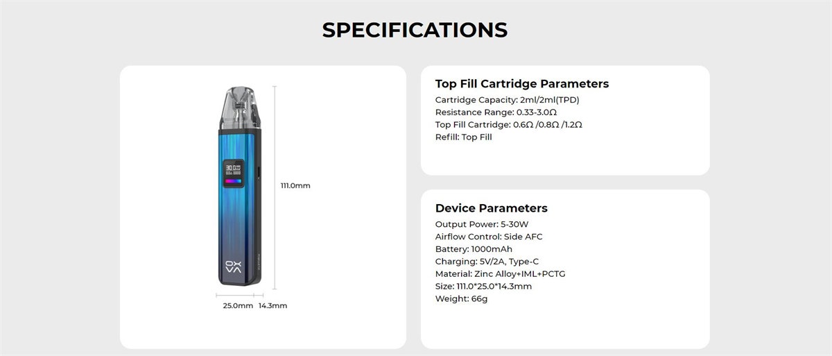 OXVA Xlim Pro Pod Kit 1000mAh Specification