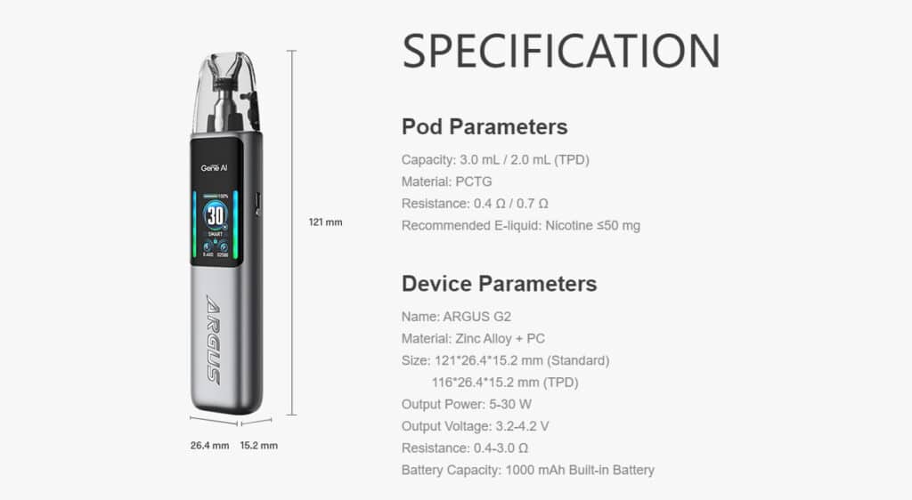 VOOPOO Argus G2 Pod Kit Parameters