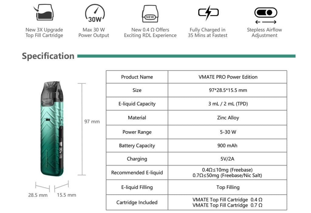 Voopoo VMATE Pro Power Edition Pod Kit Specifications