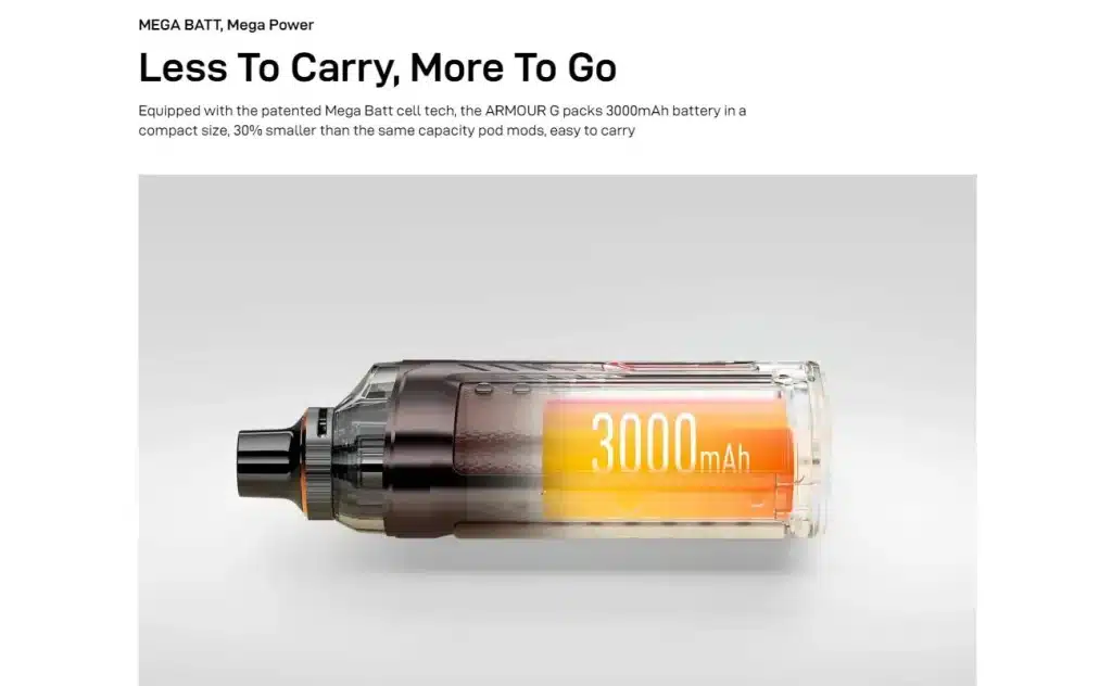 Vaporesso Armour G Pod Kit Mega Battery Feature