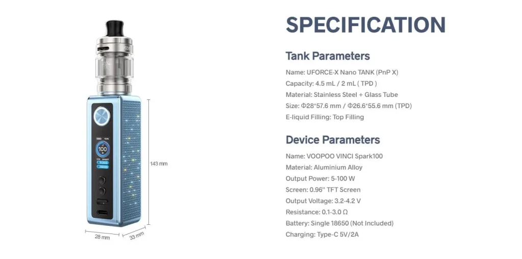 VOOPOO Vinci Spark 100 Vape Kit Technical Specifications