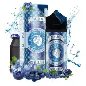 Bottle of Just Jam Blueberry e-liquid with the packaging placed next to it. Water splashes over the image with crisp blueberries placed around the bottle to create a refreshing feel