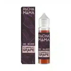 Single 50ml bottle Pacha Mama shortfill in Starfruit Grape flavour next to packaging