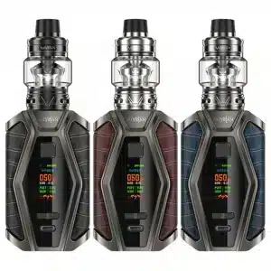 Three Uwell Valyrian 3 vape kits placed next to each other in black, red and blue colours.