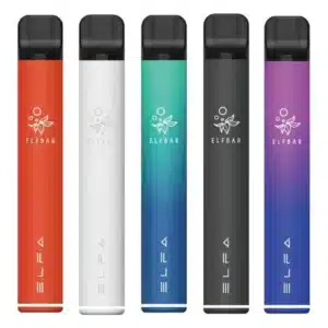 Five Elf Bar Elfa pod kits lined up next to each other in orange, white, green, black and purple