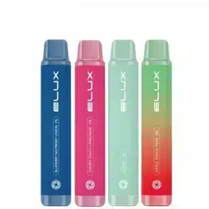 Four Elux 600 pro disposable vape pods in a line in blue raspberry lemon, cherry peach lemonade, clear and apple peach pear
