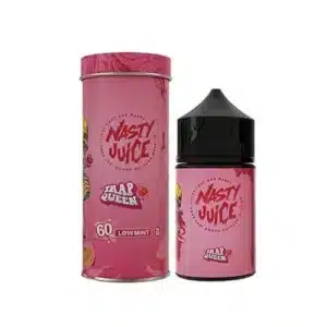 Single bottle of Trap Queen e-liquid by Nasty Juice placed next to its container