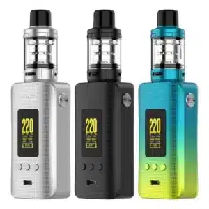 Three Vaporesso GEN 200 vape kit in Light Silver, and Dark Knight Aurora Green