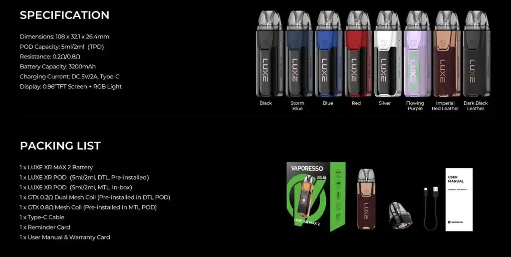 Vaporesso Luxe XR Max 2 Vape Kit Specifications & Contents