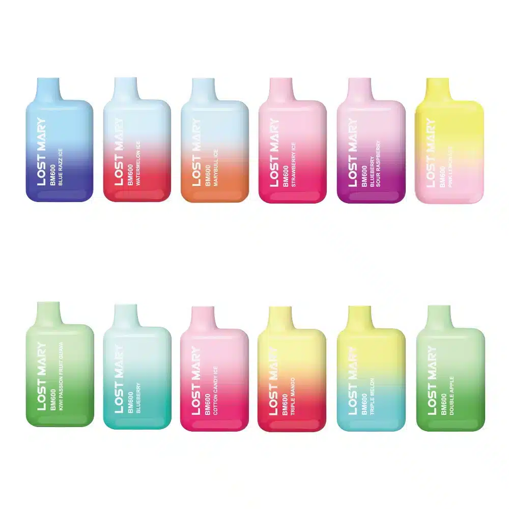 Two rows of all available flavours of Lost Mary BM600 disposable vape pods placed next to each.